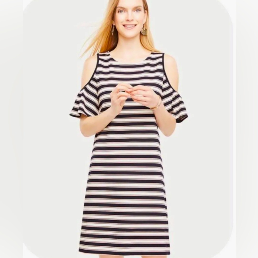 Ann Taylor Cold Shoulder Navy/Pink Stripped Dress- PS
